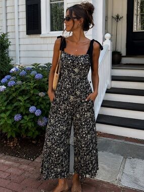 Free People Floral Tie Strap Cropped Wide Leg Jumpsuit Boho Cottagecore XS